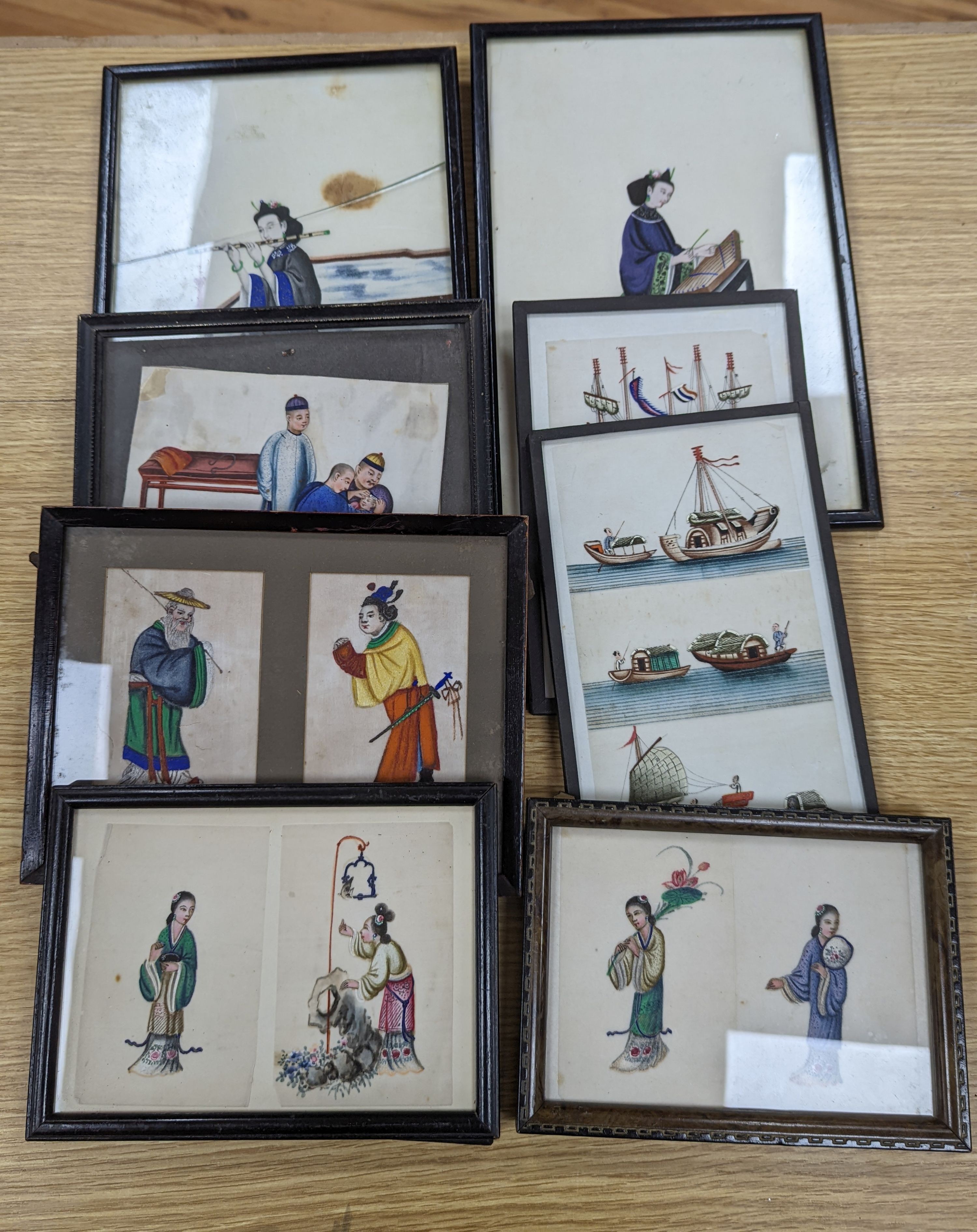 Eight assorted Chinese gouache on pith paper, Studies of figures and junks, largest 27 x 17cm